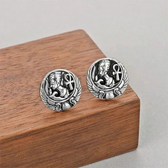 Antique Silver Plated Egyptian Queen Nefertiti Ankh Phoenix Wings Stud Earrings - Picture 1 of 1